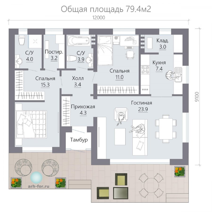 Проект дома 1 этаж 4 спальни и кухня гостиная