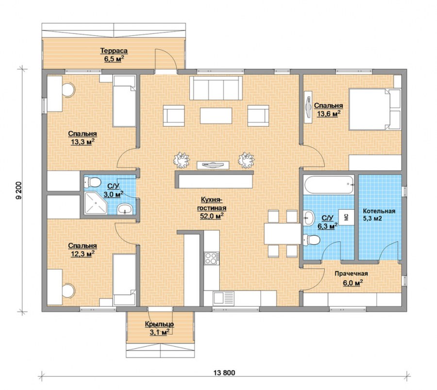 Одноэтажный дом с тремя спальнями и котельной 85 кв
