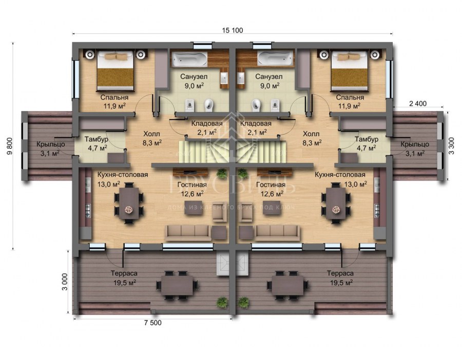 Планировка дуплекса 110 м2