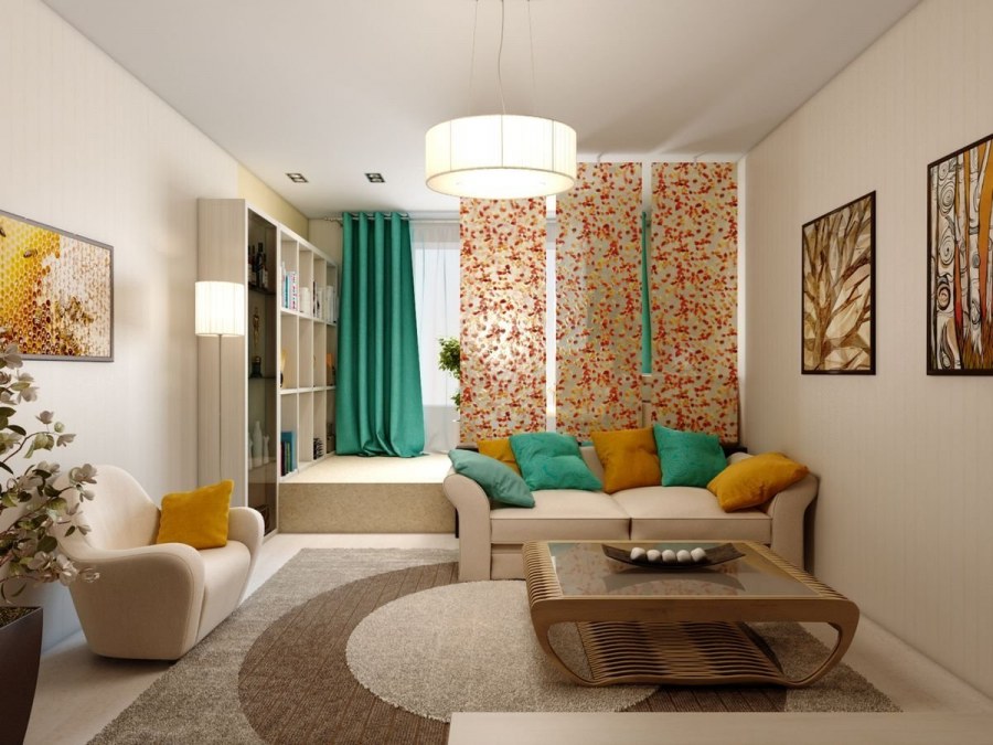 Гостиная в бежевых тонах с яркими акцентами
