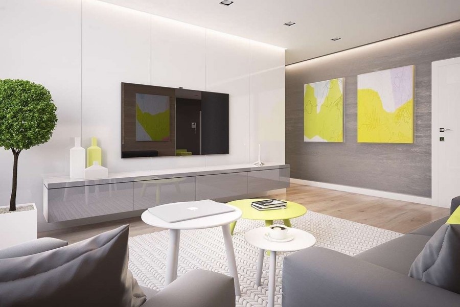 Серая спальня с яркими акцентами