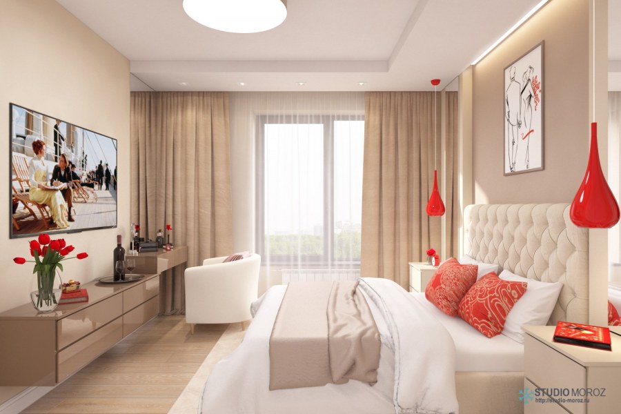 Бежевая спальня с яркими акцентами