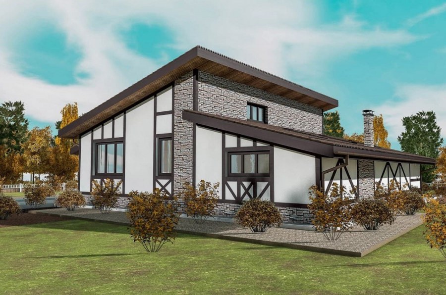 Двухэтажный дом с односкатной крышей и террасой