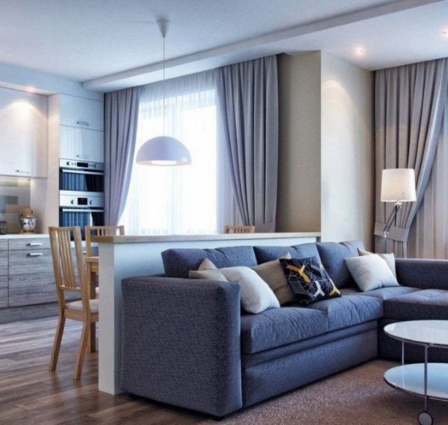 Кухня гостиная в серо синих тонах