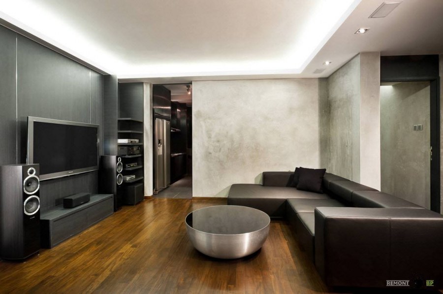 Штукатурка под бетон в гостиной