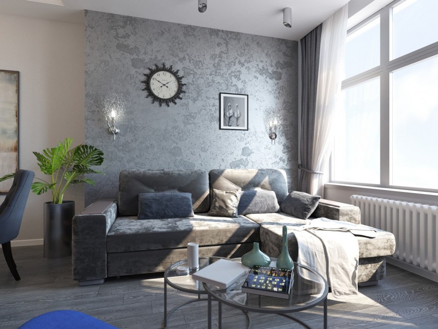 Гостиная серая декоративная штукатурка