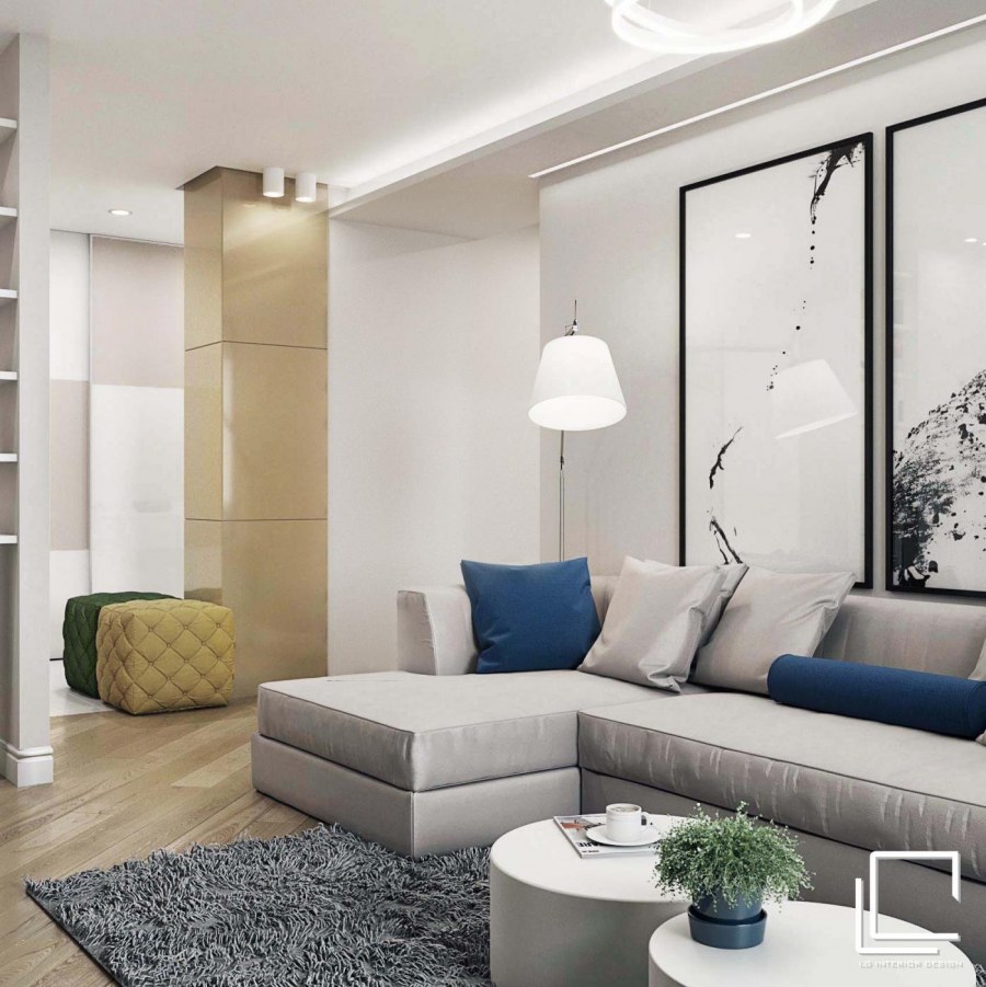 Гостиная в бежевых тонах с яркими акцентами