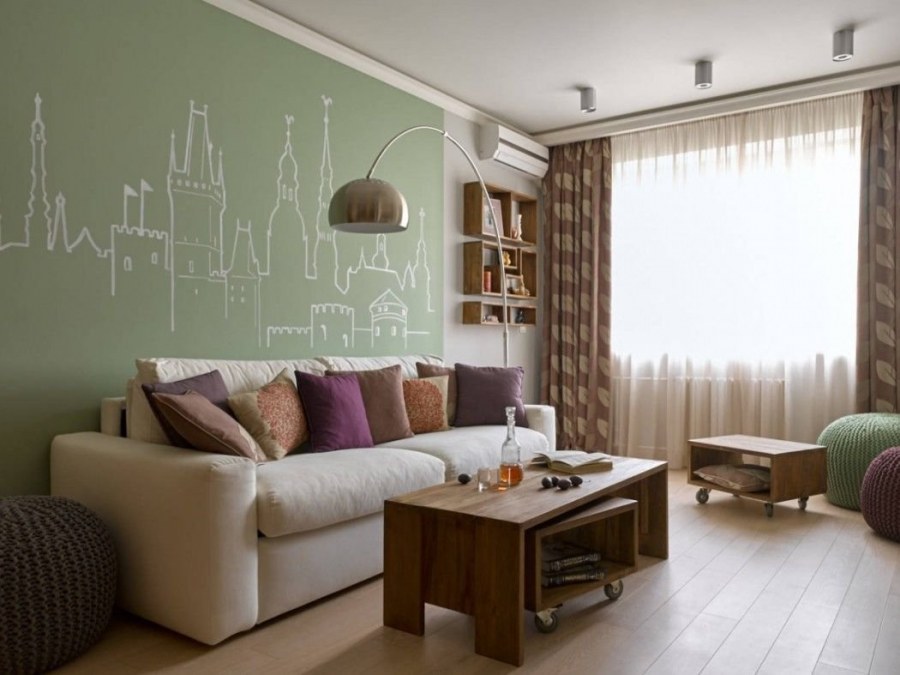 Бежевые обои с акцентной стеной какие шторы дизайн гостиной фото