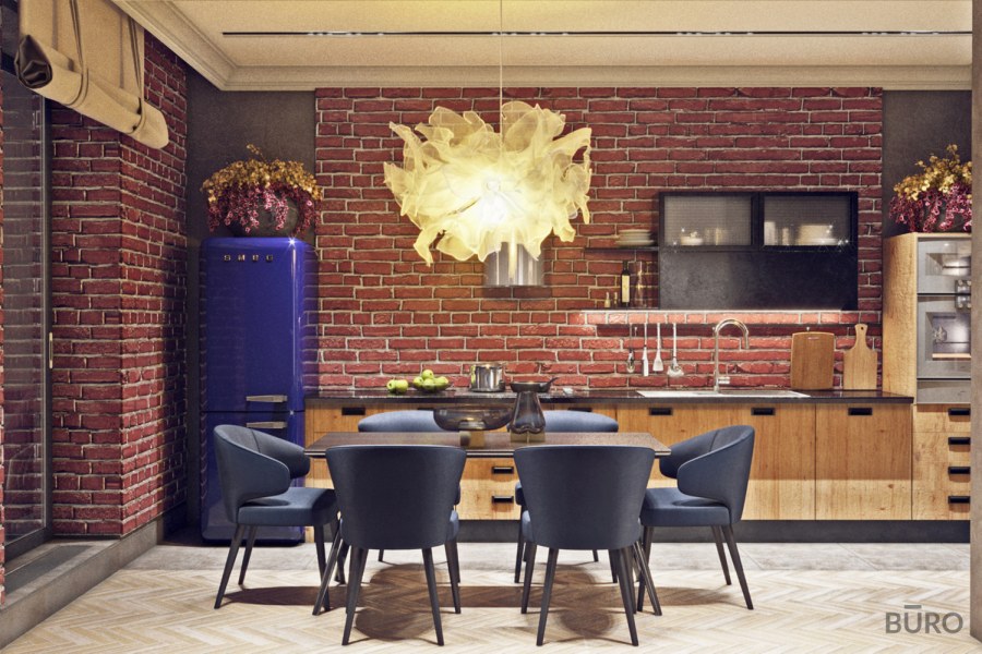 Зеленые кухни в стиле лофт с кирпичной стеной