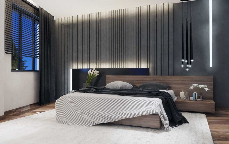 Деревянные рейки в спальне