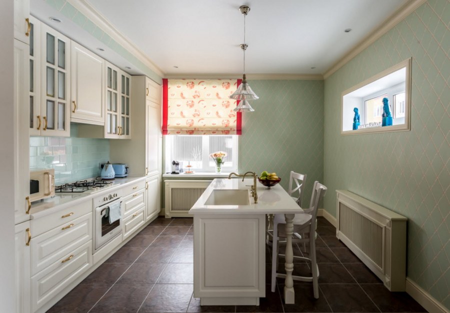 Белая кухня оливковые стены