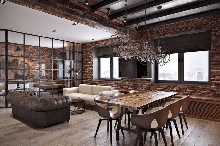 Гостиная столовая в стиле лофт