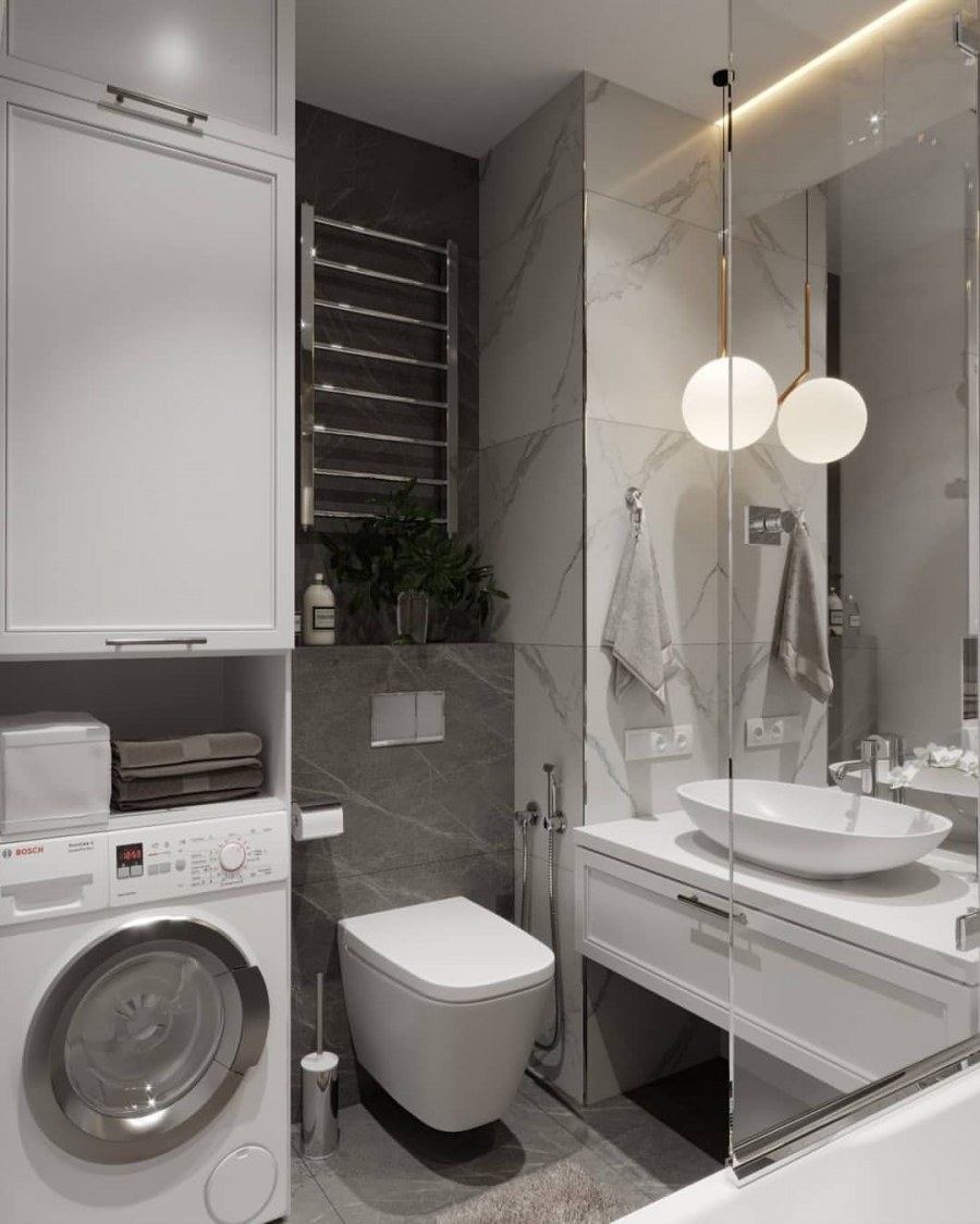 Современный дизайн ванной комнаты с туалетом и стиральной машиной фото