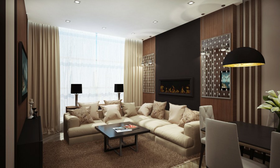 Гостиная в бежево коричневых тонах с яркими акцентами
