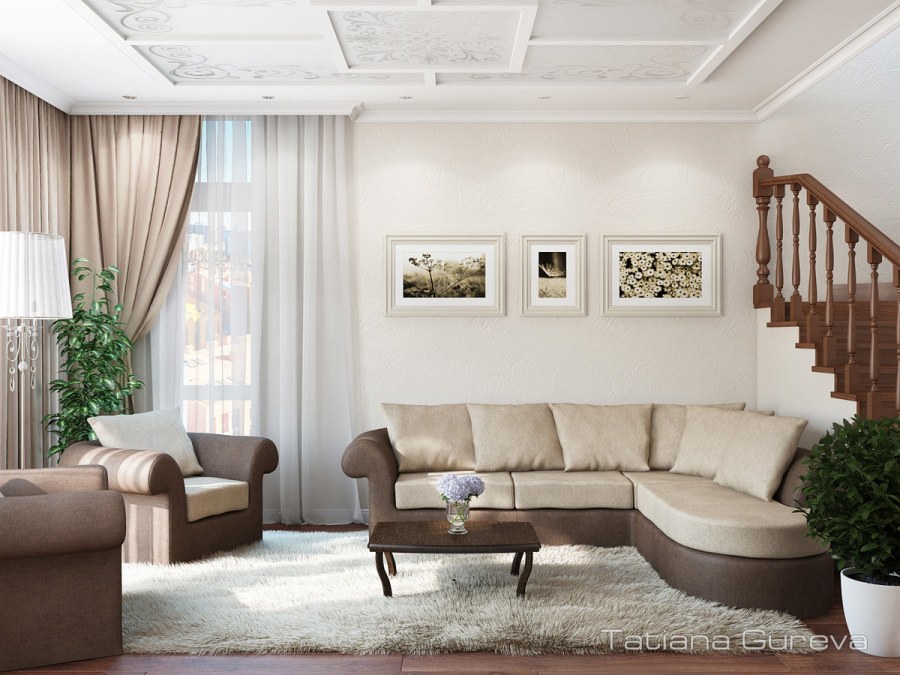 Интерьер с елкой в бежево-коричневых тонах