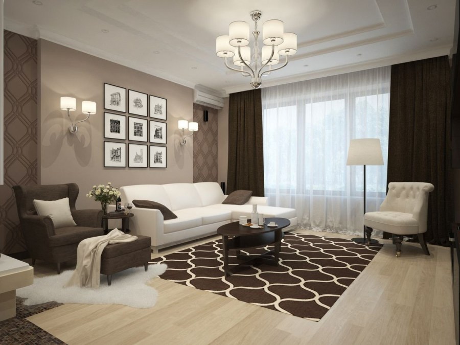 Зонирование спальни и гостиной в бежево коричневых тонах