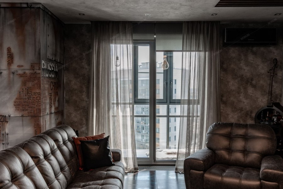 Занавески в стиле лофт в спальне