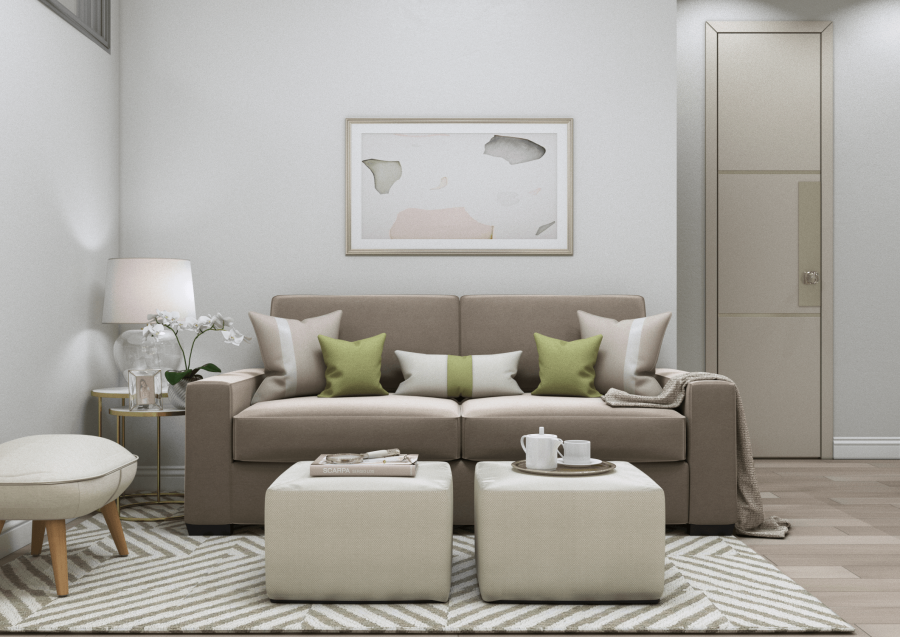 Интерьер гостиной в современном стиле в светлых тонах с серым