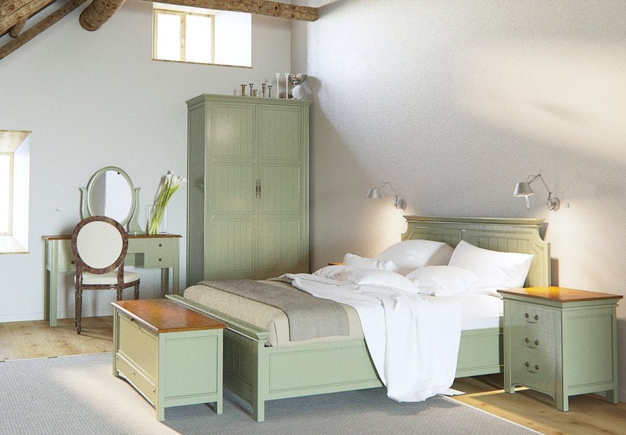 Бело зеленая спальня
