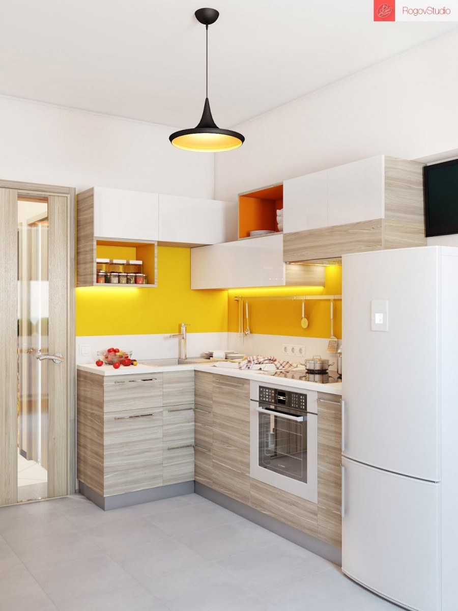 Бежевая кухня с желтыми акцентами