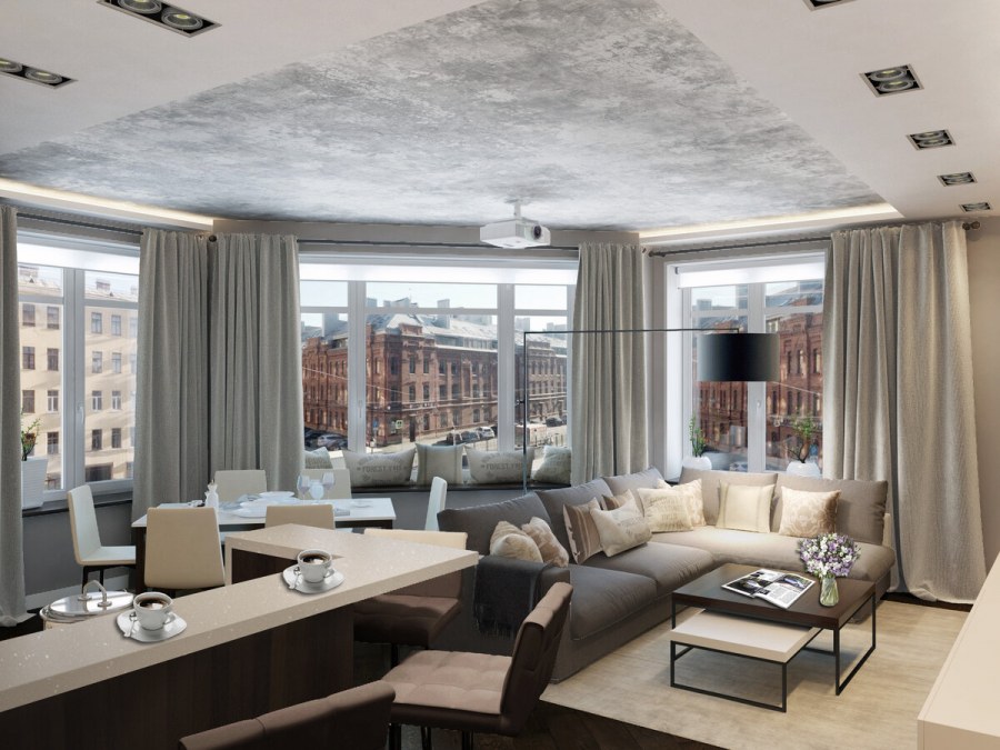 Гостиная в стиле лофт с панорамными окнами