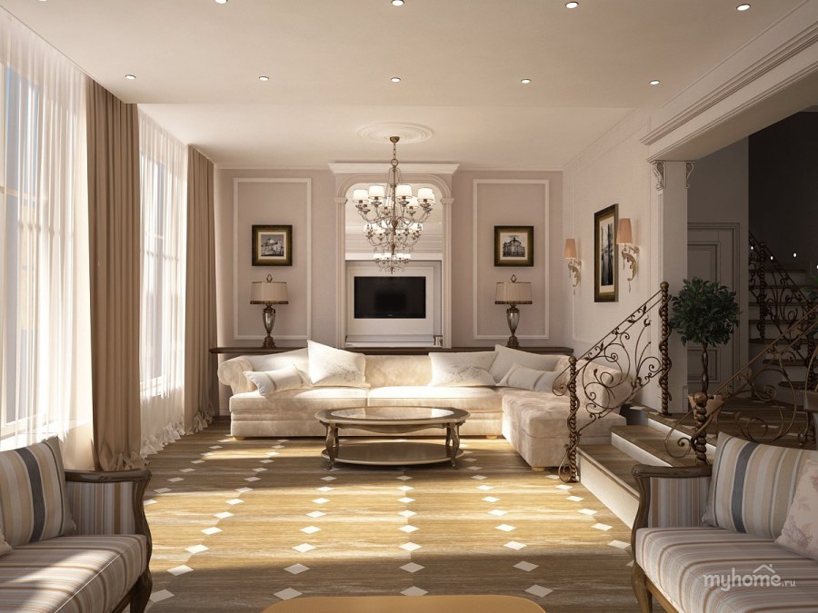 Большая гостиная в светлых тонах