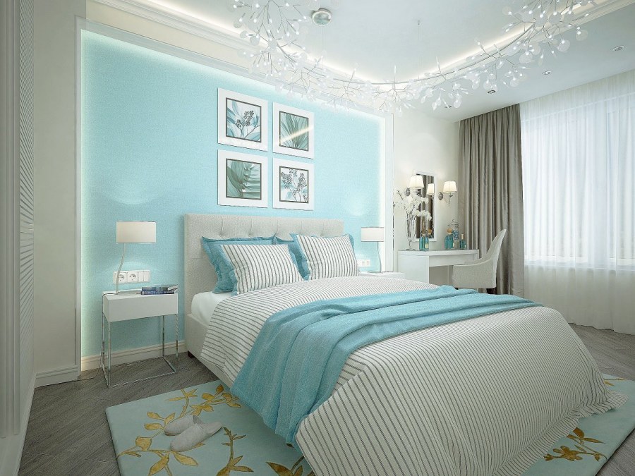Бело бирюзовая спальня