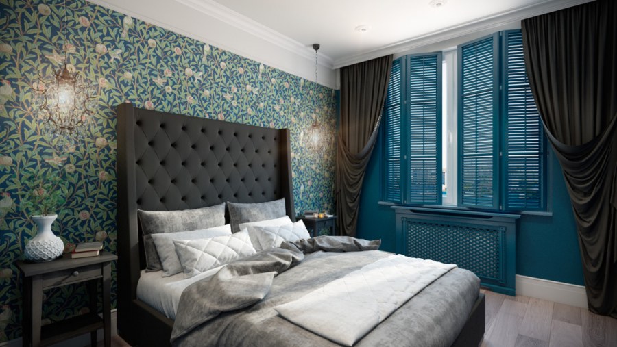 Бирюзовая спальня с темной мебелью