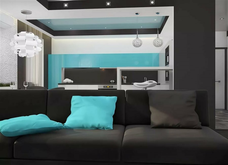 Кухня гостиная в серо бирюзовых тонах