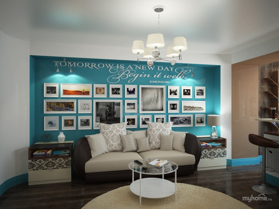 Гостиная в шоколадно-бирюзовых тонах