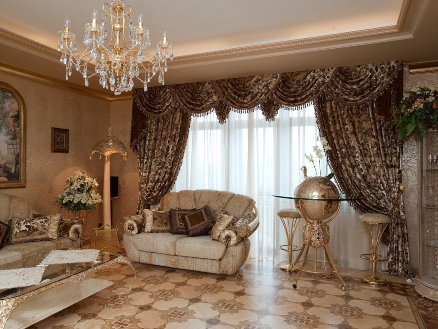Дизайн интерьера гостиная фото шторы орнамент