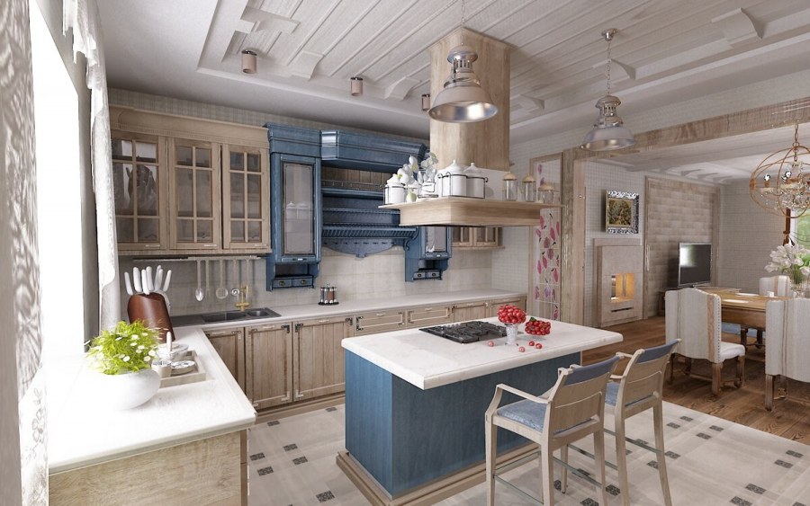 Кухня столовая в стиле Прованс в загородном доме