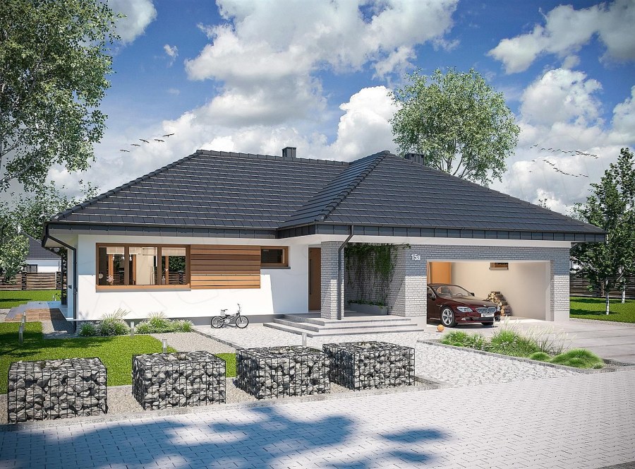 Одноэтажный дом с гаражом и навесом