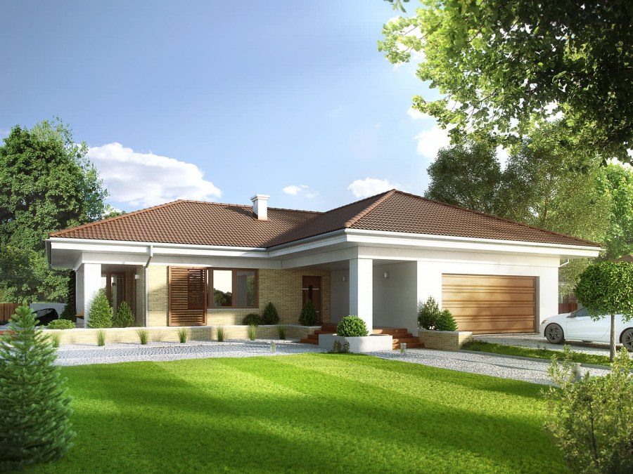 Одноэтажный дом с гаражом и террасой