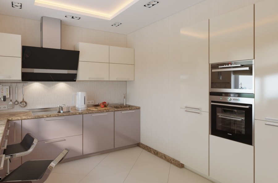 Кухня с бежевым холодильником