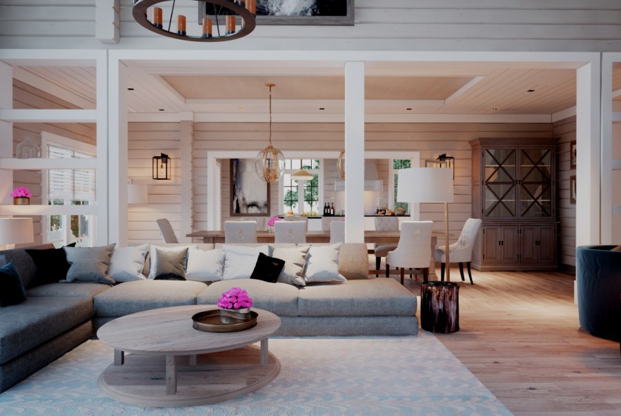 Интерьер гостиной в доме из клееного бруса