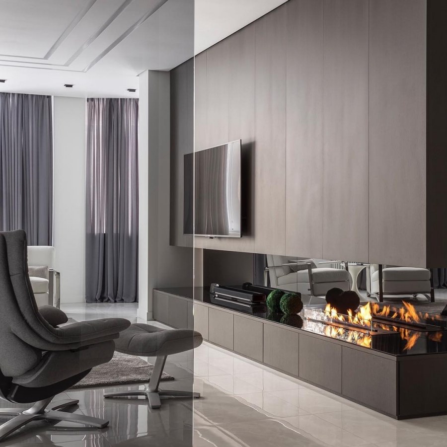 Гостиная с биокамином в современном стиле