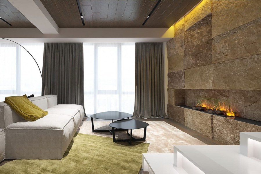 Современная гостиная с камином