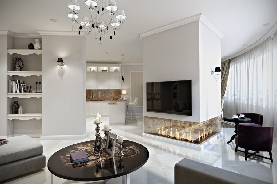 Гостиная студия с камином