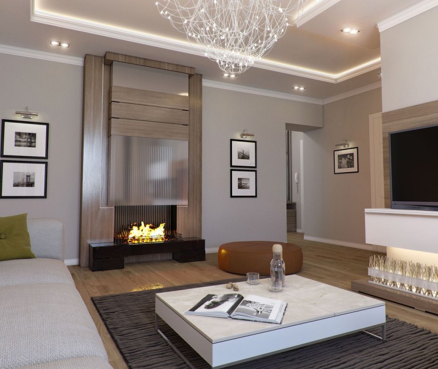 Квадратная гостиная большая с камином