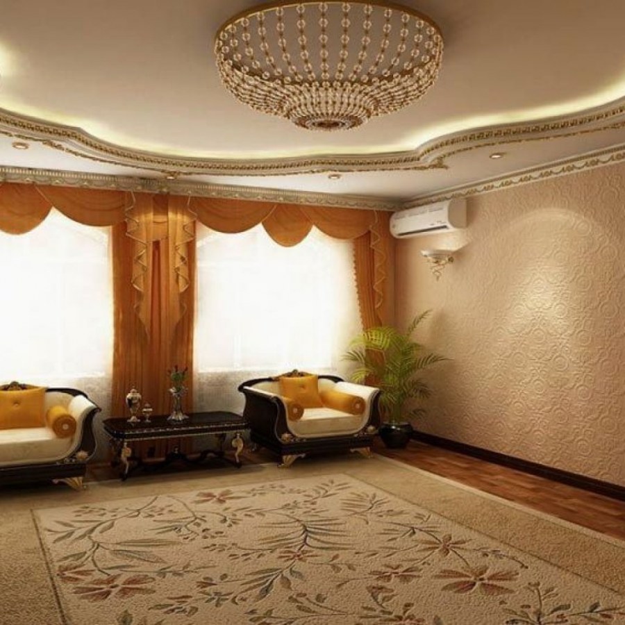 Многоуровневый потолок в гостиной