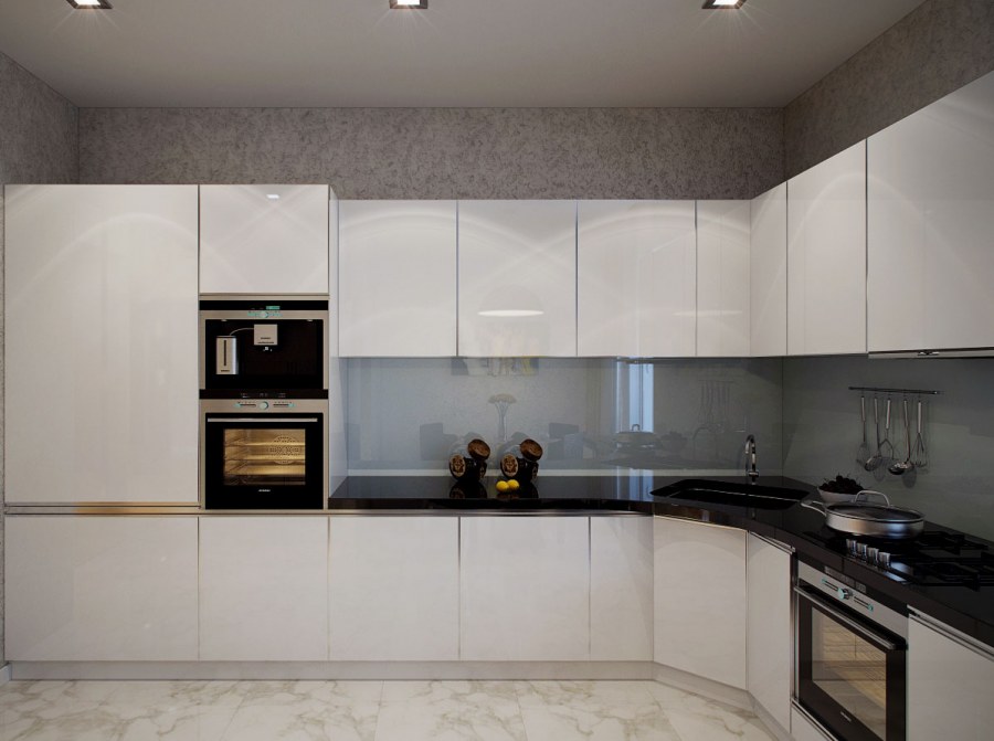 Белый глянец кухня с серым и бежевым