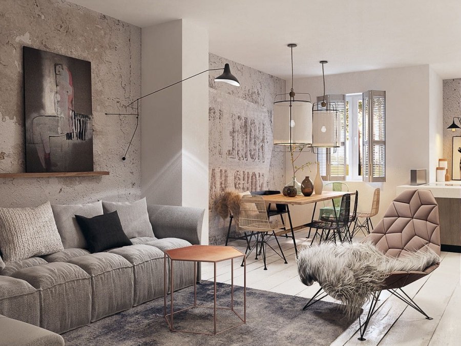 Декоративная штукатурка в стиле лофт в интерьере