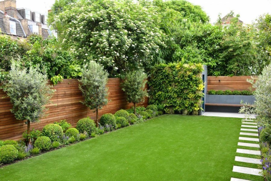 Газон вдоль забора