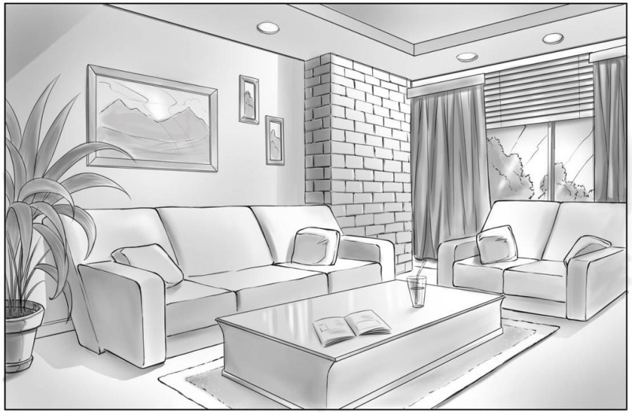 Угловая перспектива интерьера скетч