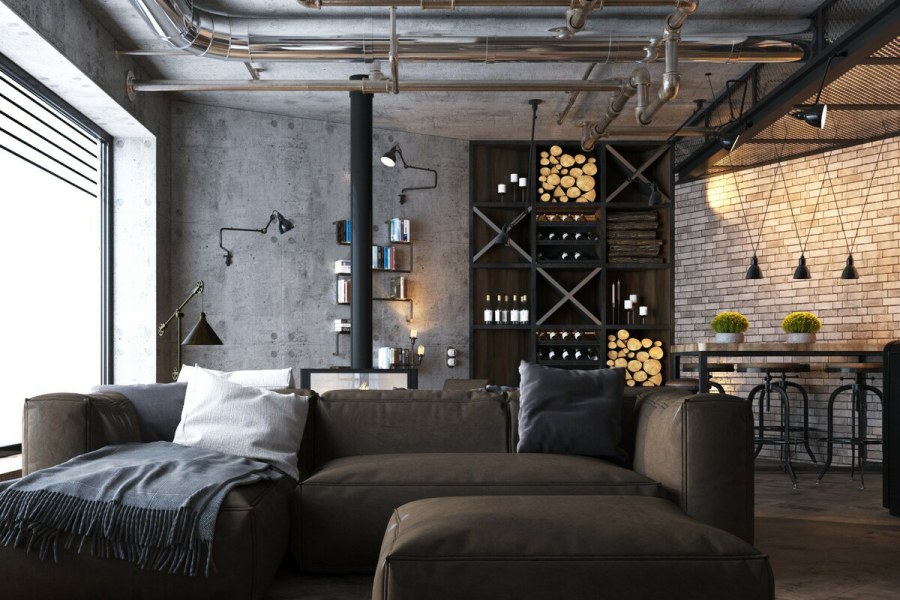 Интерьер в стиле брутализм и лофт