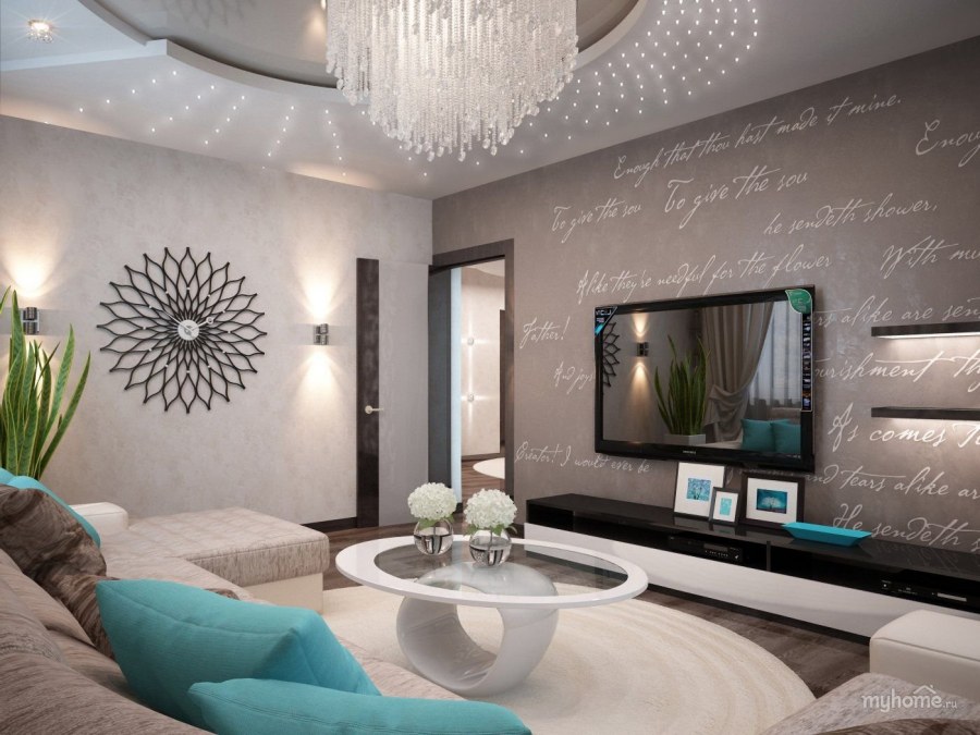 Гостиная в бежево бирюзовых тонах