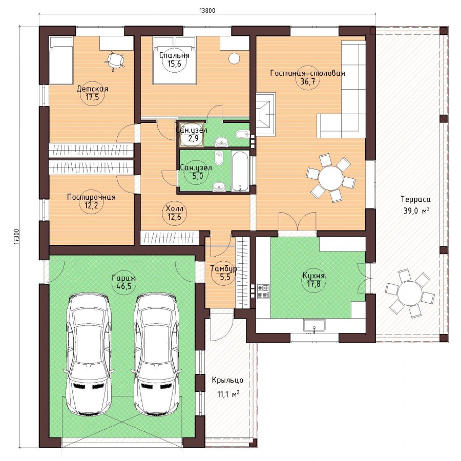 Планировки одноэтажных домов 110 кв.м с гаражом