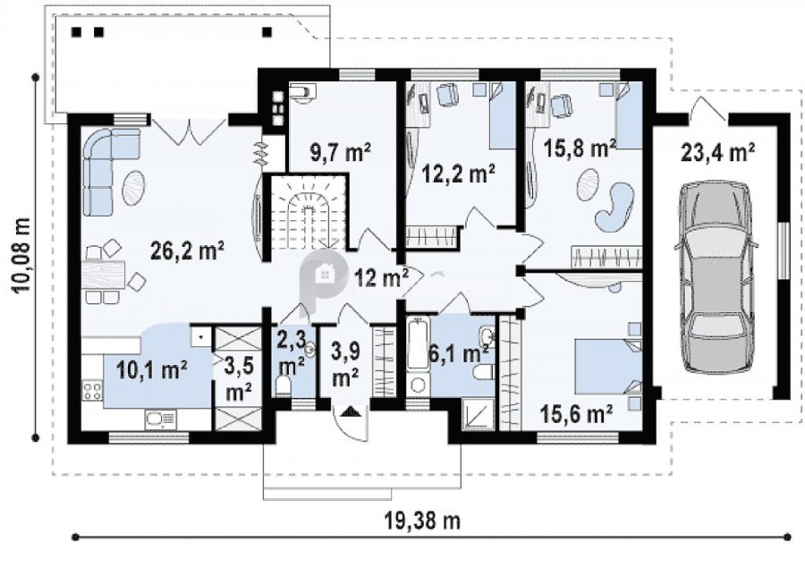 Проекты одноэтажных домов с тремя комнатами и гаражом