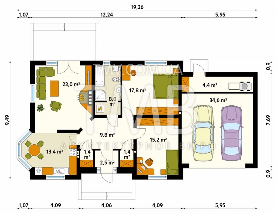 Проект одноэтажного дома с гаражом r523